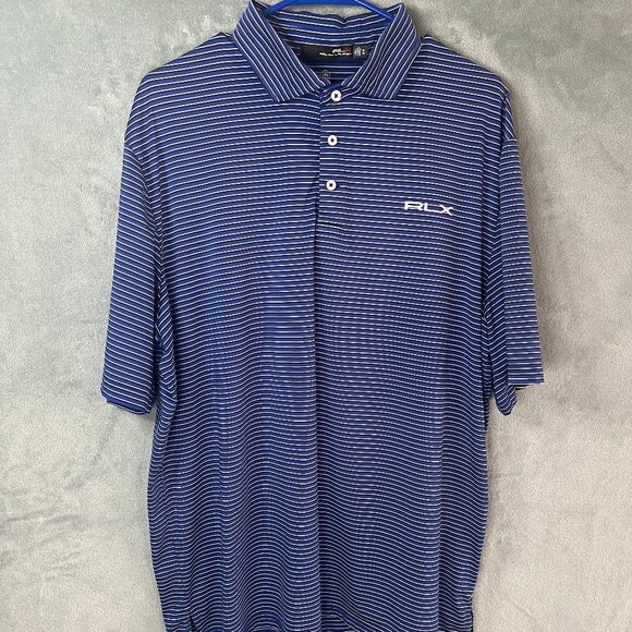 RLX Ralph Lauren Polo Shirt Mens XL Blue Striped SS Golf Stretch Wicking Logo - Picture 1 of 12